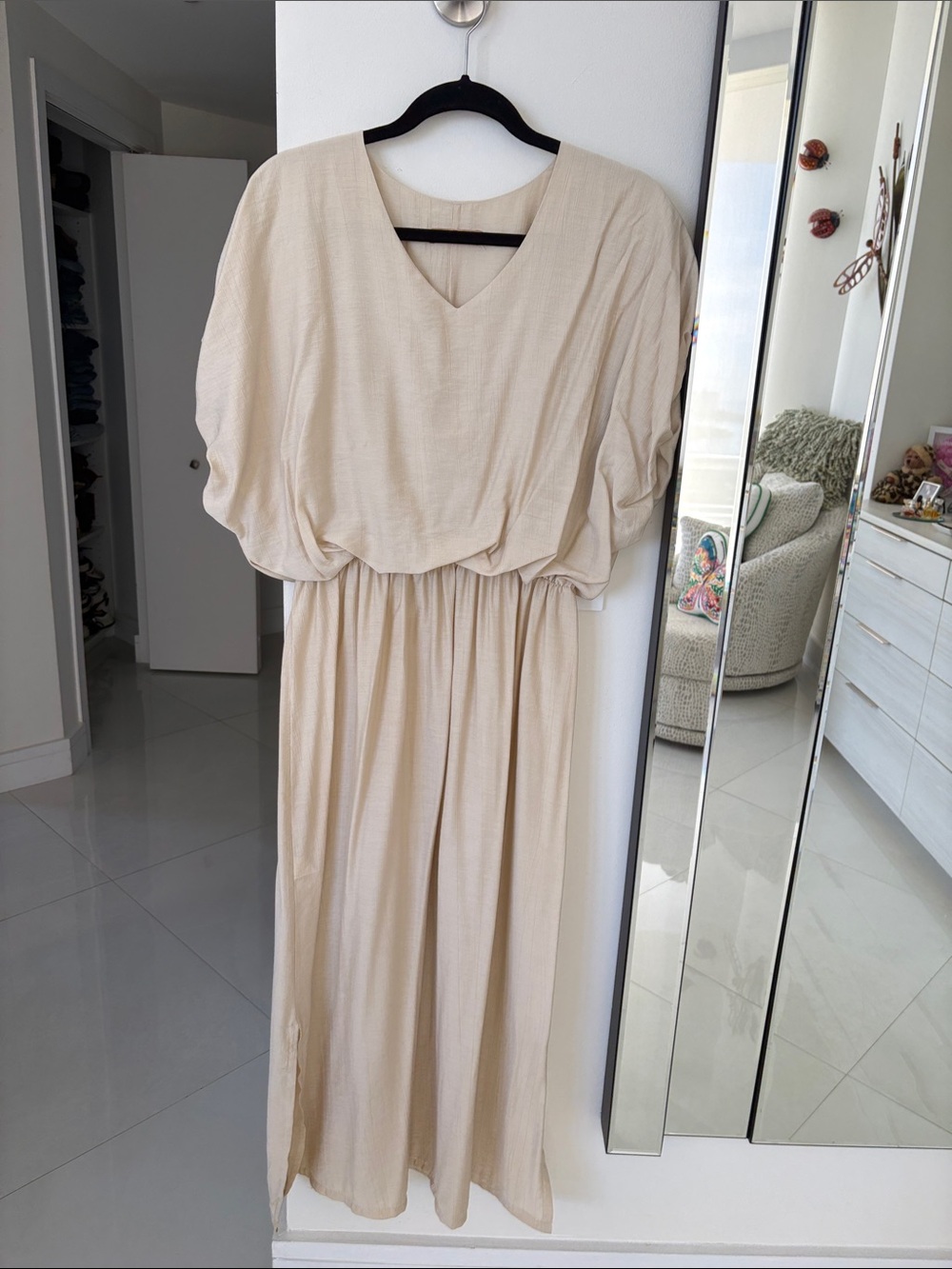 Neutral V-Neck Maxi Dress with Gathered Waist